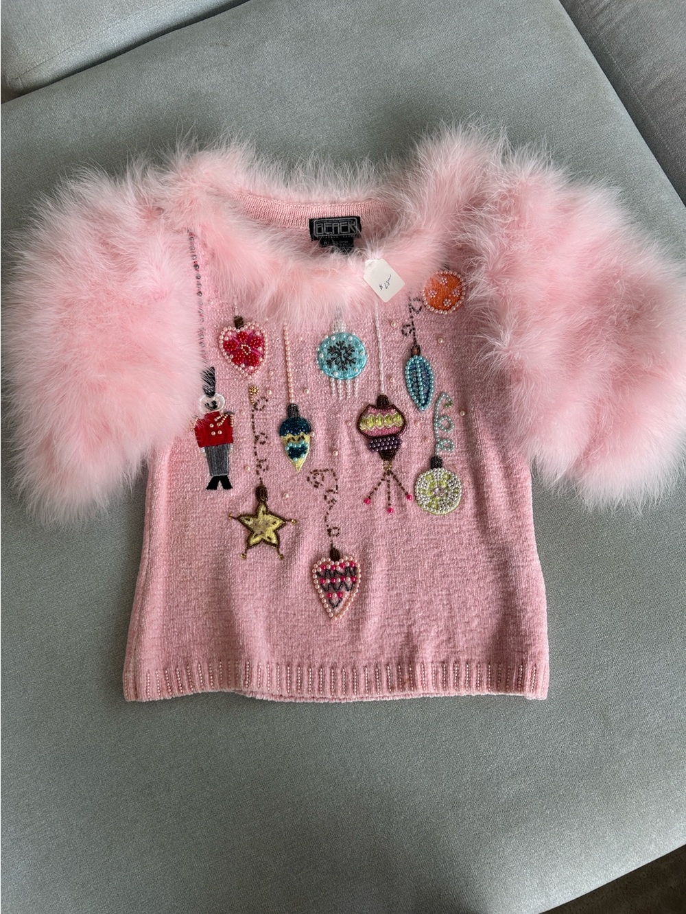 Vintage Berek Holiday Beaded Sweater Pink Marabou Feather Sleeves Medium -Rare